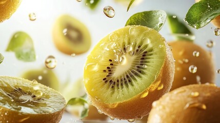 Wall Mural - Fresh kiwi fruit slices with leaves and water drops falling in mid-air.