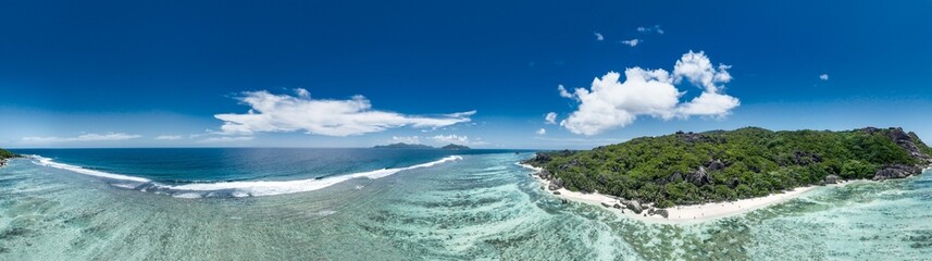 Sticker - La Digue Island, Seychelles. Aerial view, panorama mode on a sunny day