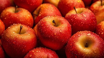 Close-up of fresh red apples with water droplets, representing healthy eating and natural produce