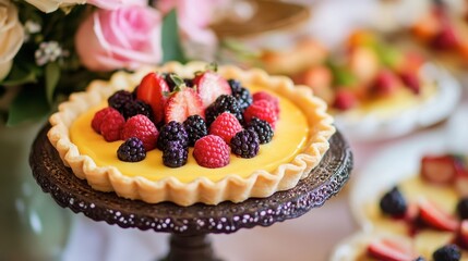 A whimsical egg tart filled with creamy custard and topped with fresh fruit, displayed on a dessert table for a special occasion.