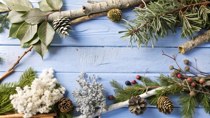 Minimalist Scandinavian winter banner featuring forest elements like twigs, lichens, and dry leaves on a distressed white wood background, flat lay style.