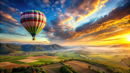 Hot air balloon flying over valley with beautiful sky background