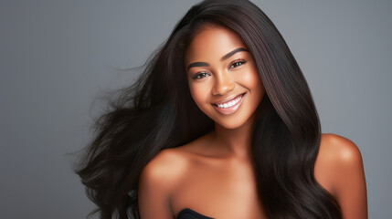 Portrait of smiling African American girl with long hair gray background banner.