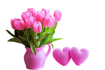 Wall Mural - pink tulips in a vase beside a white frame and heart shapes on a pastel pink background. png transpa