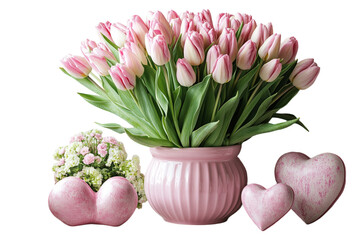 Wall Mural - pink tulips in a vase beside a white frame and heart shapes on a pastel pink background. png transpa