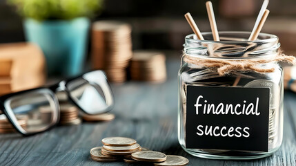 A jar labeled financial success is filled with notes among coins and glasses, photo