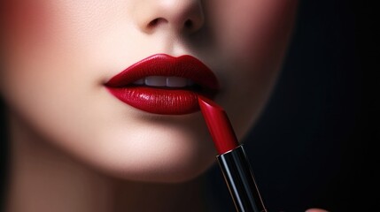 close up of glamorous young woman applying red lipstick on grey background, beauty and makeup