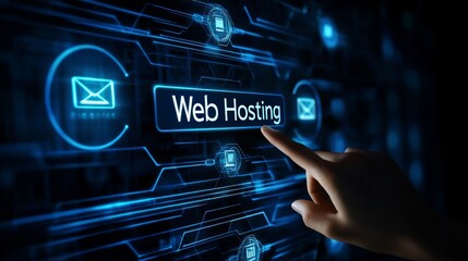 Hand pointing at a digital interface with the words 'Web Hosting' surrounded by icons representing the services of web hosting.