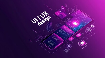 Isometric illustration of smartphone with UI UX design concept.