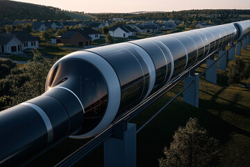 Poster - A high-speed futuristic train traveling on an elevated track through a suburban area with houses and green landscape in the background during sunset.