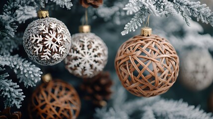 Christmas Tree Ornaments with Snowflakes and Wicker