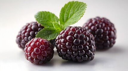Poster - Closeup of freshly harvested ripe,dark purple blackberries with green leaves on a plain white background. The blackberries have a vibrant,natural texture and are bursting with juicy,sweet flavor.