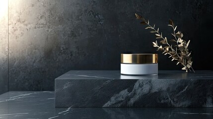 Canvas Print - A sleek beauty product displayed on a dark background, with a modern pedestal and podium highlighting