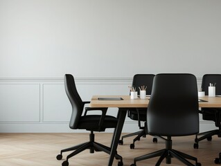 A modern conference room with black ergonomic chairs around a wooden table, designed for collaboration and productivity.