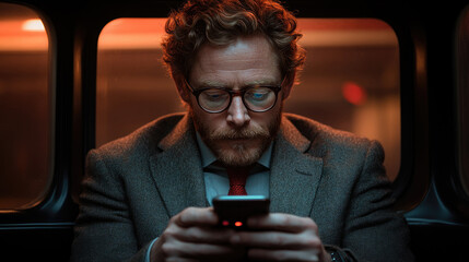 A man wearing a smart suit focused on his smartphone as he rides the subway in the evening, surrounded by soft ambient lighting