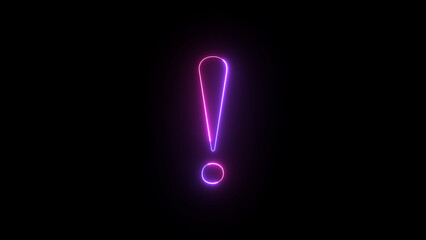 Neon exclamation danger and surprise mark,purple icon animation and black background.