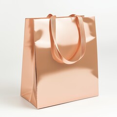 Blank shiny rose gold paper shopping bag for branding mockup. White background. 