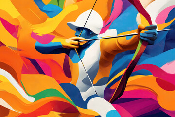 Poster - Abstract illustration of an archer in action, surrounded by vibrant, multicolored swirling patterns.