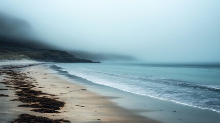 Wall Mural - A misty, tranquil beach scene with rolling waves.