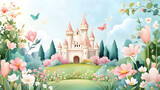 Princess castle pink flower garden background. 3D pastel watercolor illustration, paper craft cut effect abstract digital artwork. Fairy tale landscape. Birthday invitation card festive season banner.