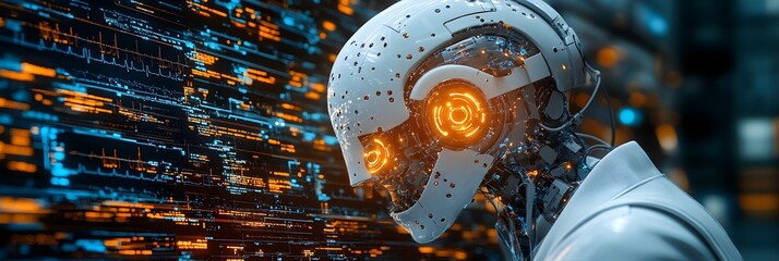 Poster - Futuristic cyborg figure with glowing digital interface and colorful visualization of data and algorithms. Conceptual representing intelligence,advanced technology.