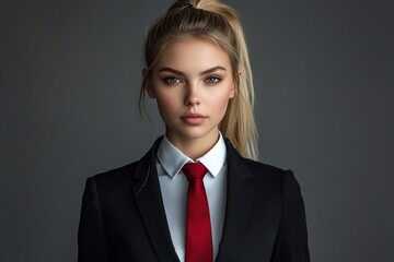 A beautiful woman in a black suit with a red tie, a white shirt, and blonde hair in a ponytail. She has a neutral expression on her face.