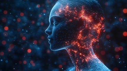 Aufkleber - Glowing Cyborg Face in Cosmic Digital Landscape Depicting Intelligence and Technological Innovation. Abstract futuristic sci-fi concept of the mind,consciousness.