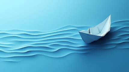 a paper boat sails on abstract blue paper waves.