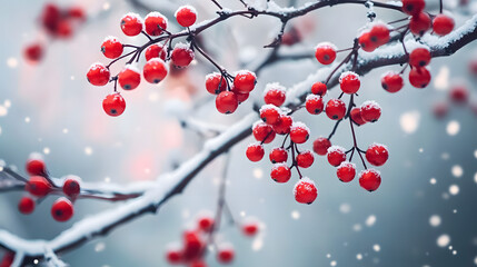 Wall Mural - Red winter berries on tree branches during snowfall. Neural network ai generated art