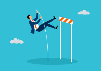 Businessman jumping over obstacle, overcoming hurdle.