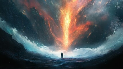 Wall Mural - A Solitary Figure Contemplates the Cosmic Dance of Fire and Water