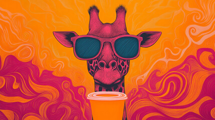 Sticker - A pink giraffe wearing sunglasses looks cool as they hold a cup of something.