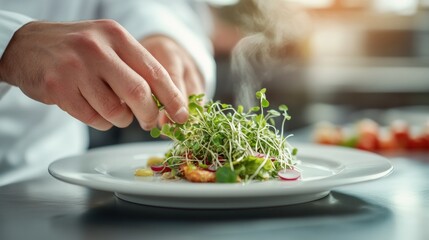 Canvas Print - A chef garnishing a gourmet dish with fresh microgreens, showcasing culinary artistry.