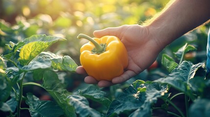 Sticker - A hand holding a ripe yellow bell pepper in a lush garden setting.