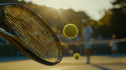 Sticker - A tennis ball is about to hit a racket on a court during a sunset match.