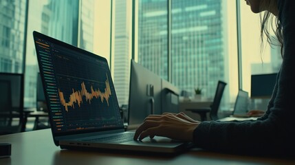 Poster - A person analyzing financial data on a laptop in a modern office setting.