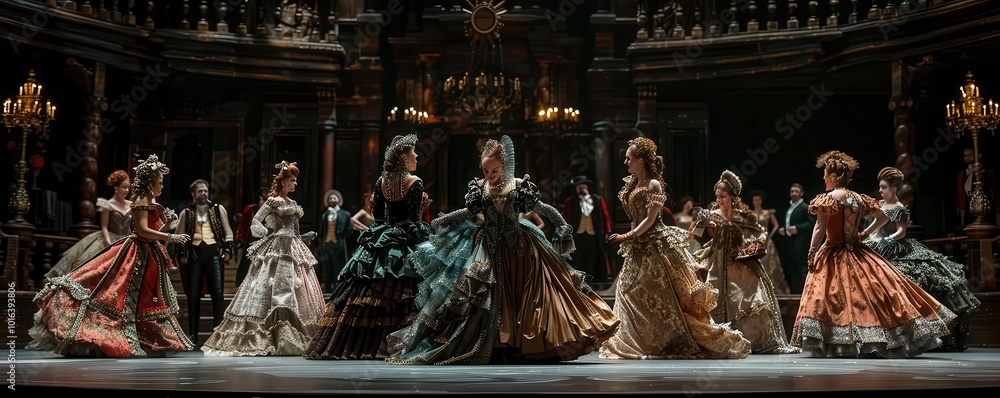 Opera Photo Opera singers performing on a grand stage with dramatic costumes, grand ...