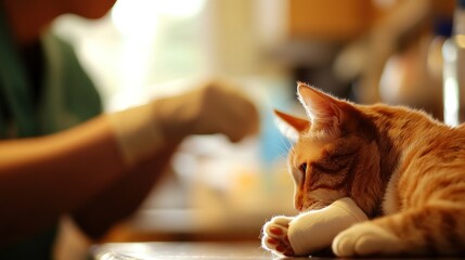 Wall Mural - A close-up of a bandaged cat resting while a person tends to it.