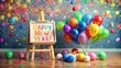 © Danicha - Vibrant confetti and balloons surround a colorful easel holding a painted canvas with a bright, expressive 'Happy New Year' message in bold, artistic letters.