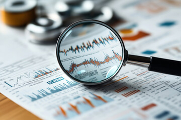 Poster - Magnifying glass focusing on financial charts and graphs with data sheets. Depicts data analysis, finance, business performance, and market research.