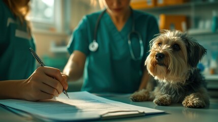 Sticker - A veterinarian examines a dog while filling out paperwork in a clinical setting.