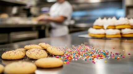 Wall Mural - A bakery scene featuring cookies, colorful sprinkles, and decorated pastries in the background.