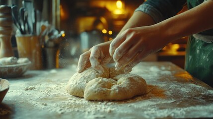 Sticker - A person kneads dough on a floured surface in a cozy kitchen setting.