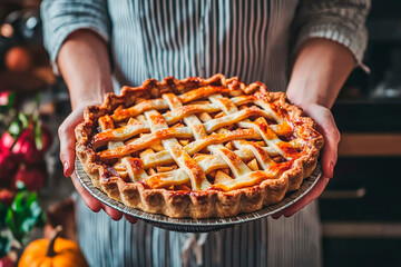 Wall Mural - Woman holding and showing tasty cooked apple pie. Traditional thanksgiving food