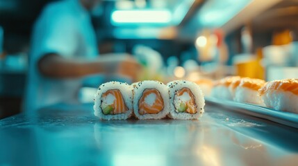 Canvas Print - A close-up of sushi rolls with a chef preparing food in the background.