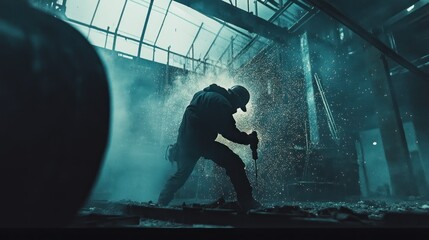 Poster - A silhouette of a worker in a helmet, creating sparks in a dimly lit industrial setting.