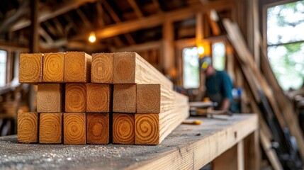 Canvas Print - A close-up of stacked wooden beams in a workshop, with a craftsman working in the background.