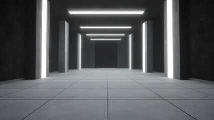 Poster - A futuristic hallway with bright white lights illuminating the dark walls and tiled floor.