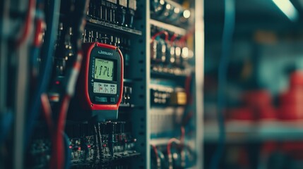 Sticker - A digital multimeter measures electrical values on a control panel in an industrial setting.