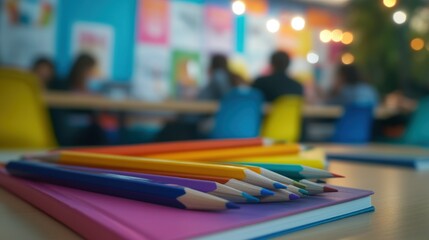 Wall Mural - A colorful arrangement of pencils on notebooks in a vibrant workspace setting.